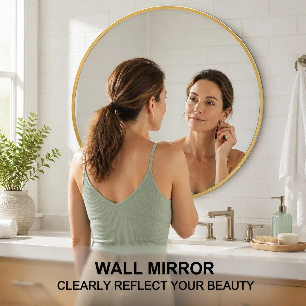 Round Wall Mirror for Bathroom 80cm Gold Metal Frame Decorative