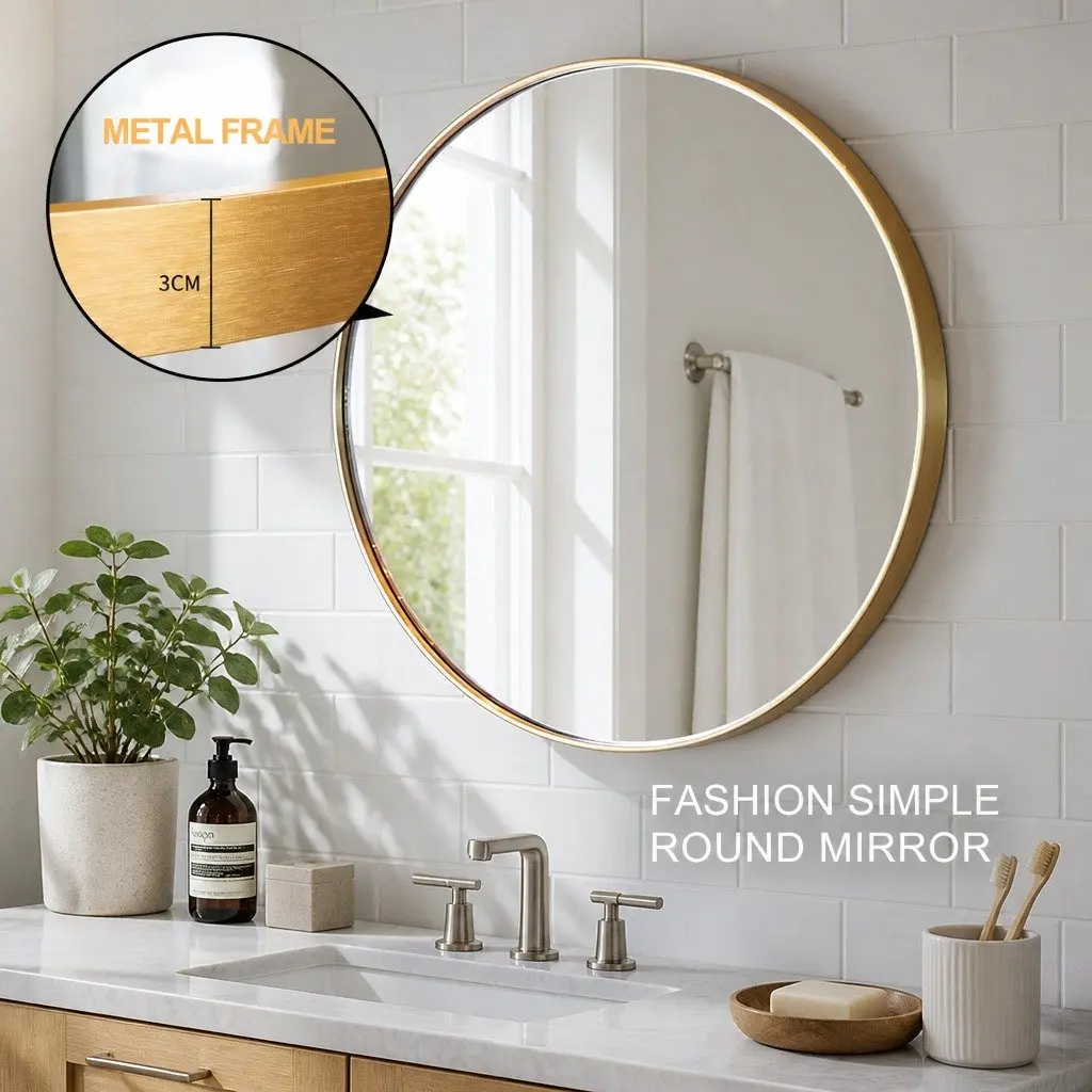 Round Wall Mirror for Bathroom 80cm Gold Metal Frame Decorative