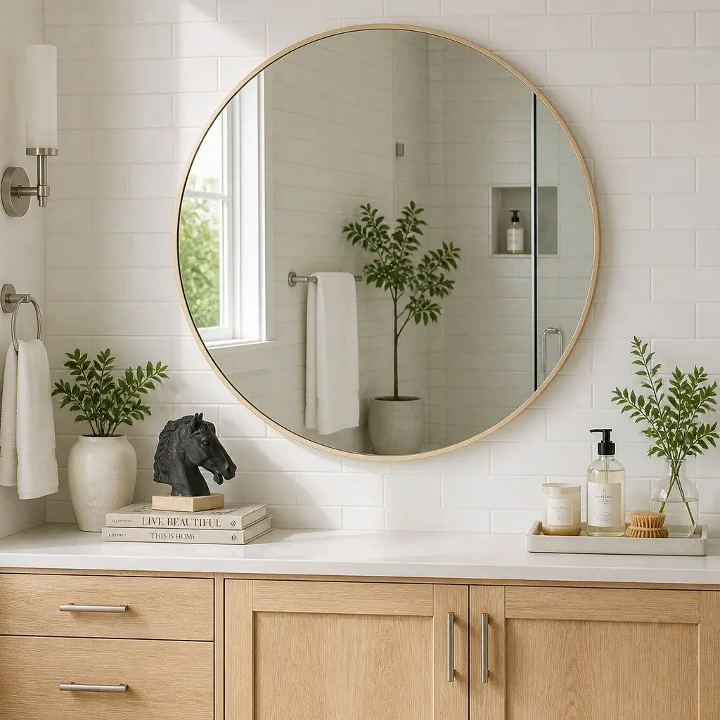 Round Wall Mirror for Bathroom 80cm Gold Metal Frame Decorative