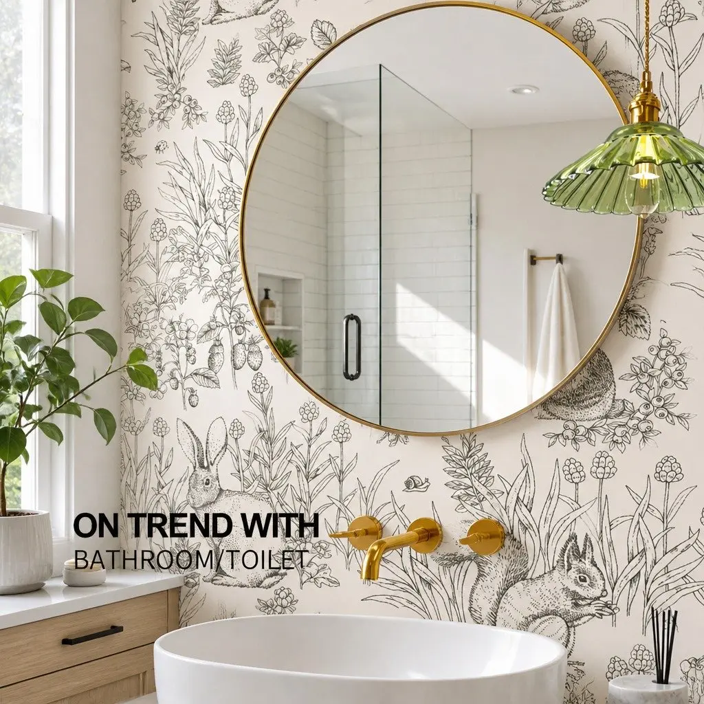 Round Wall Mirror for Bathroom 80cm Gold Metal Frame Decorative