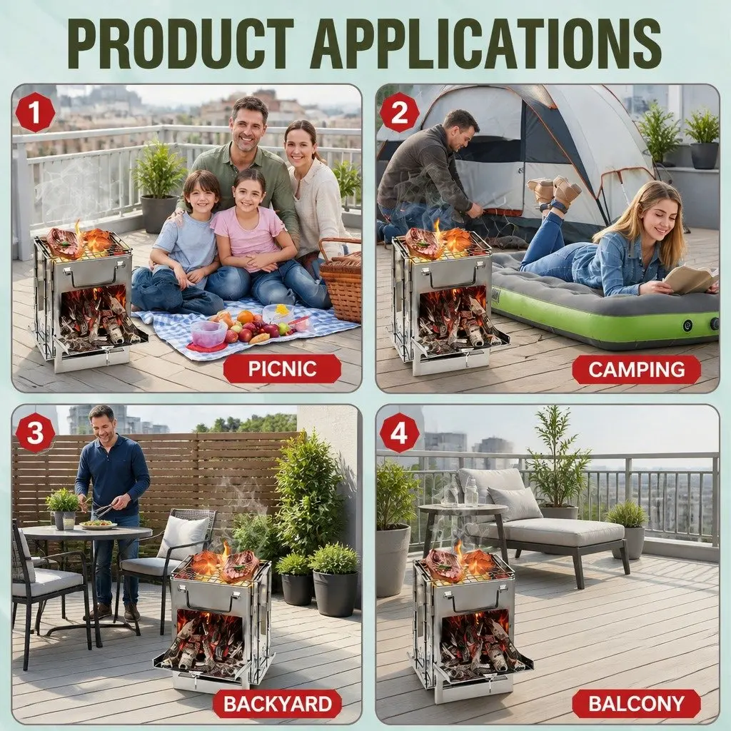 Portable Folding Charcoal Camping Stove Outdoor Use 21x20x27cm
