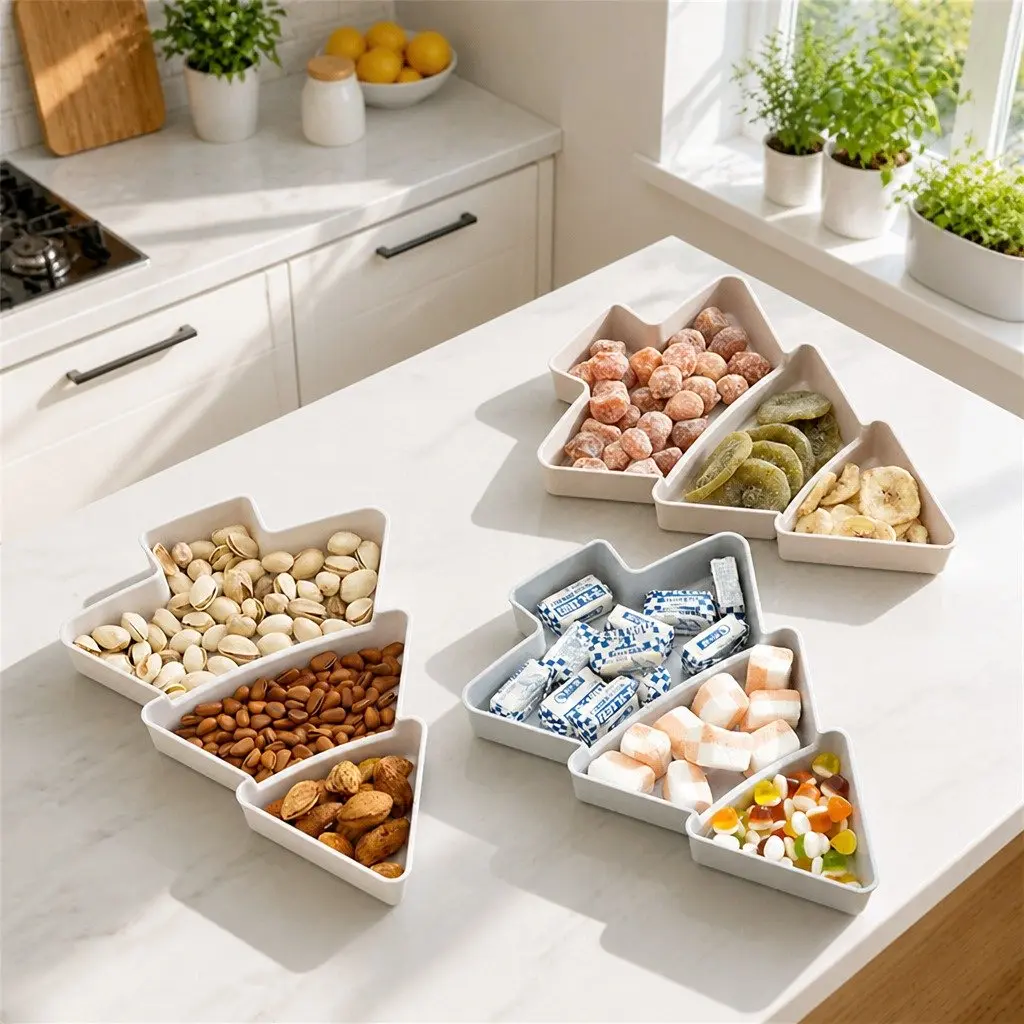 Small Tree Design Split Dry Fruit Plate Snack Food Storage Household White