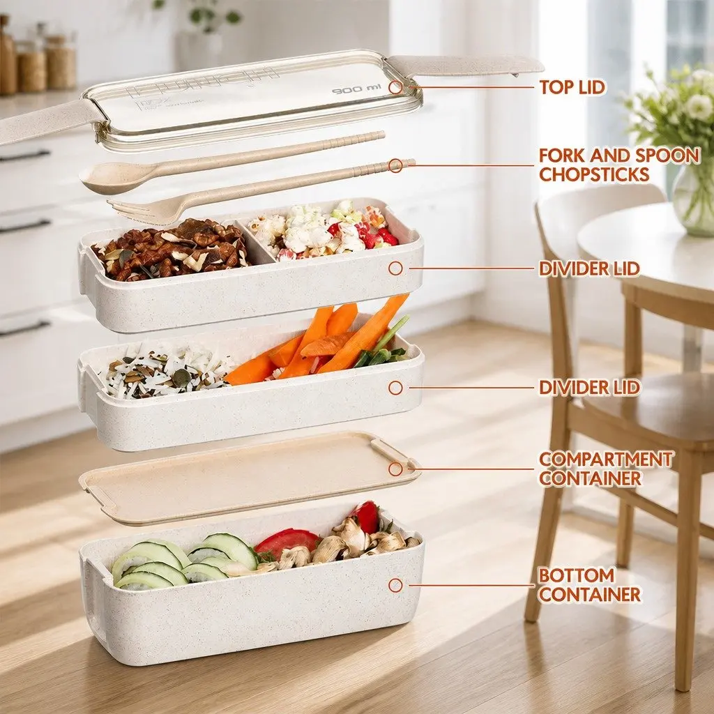 Bento Lunch Box for Meal Prep 900ml Leakproof Container with Compartments