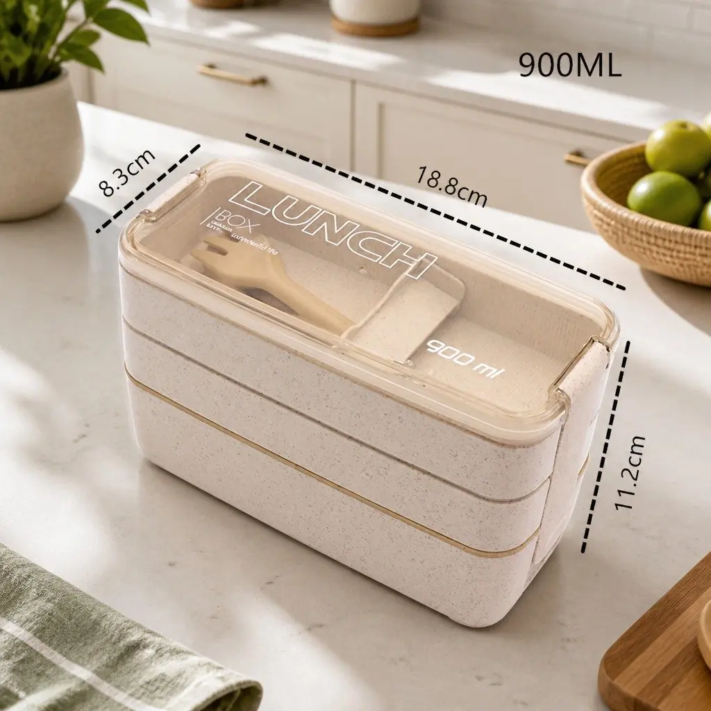 3-Layer Bento Box Lunch Container with Lid Leakproof Food Storage Compartment
