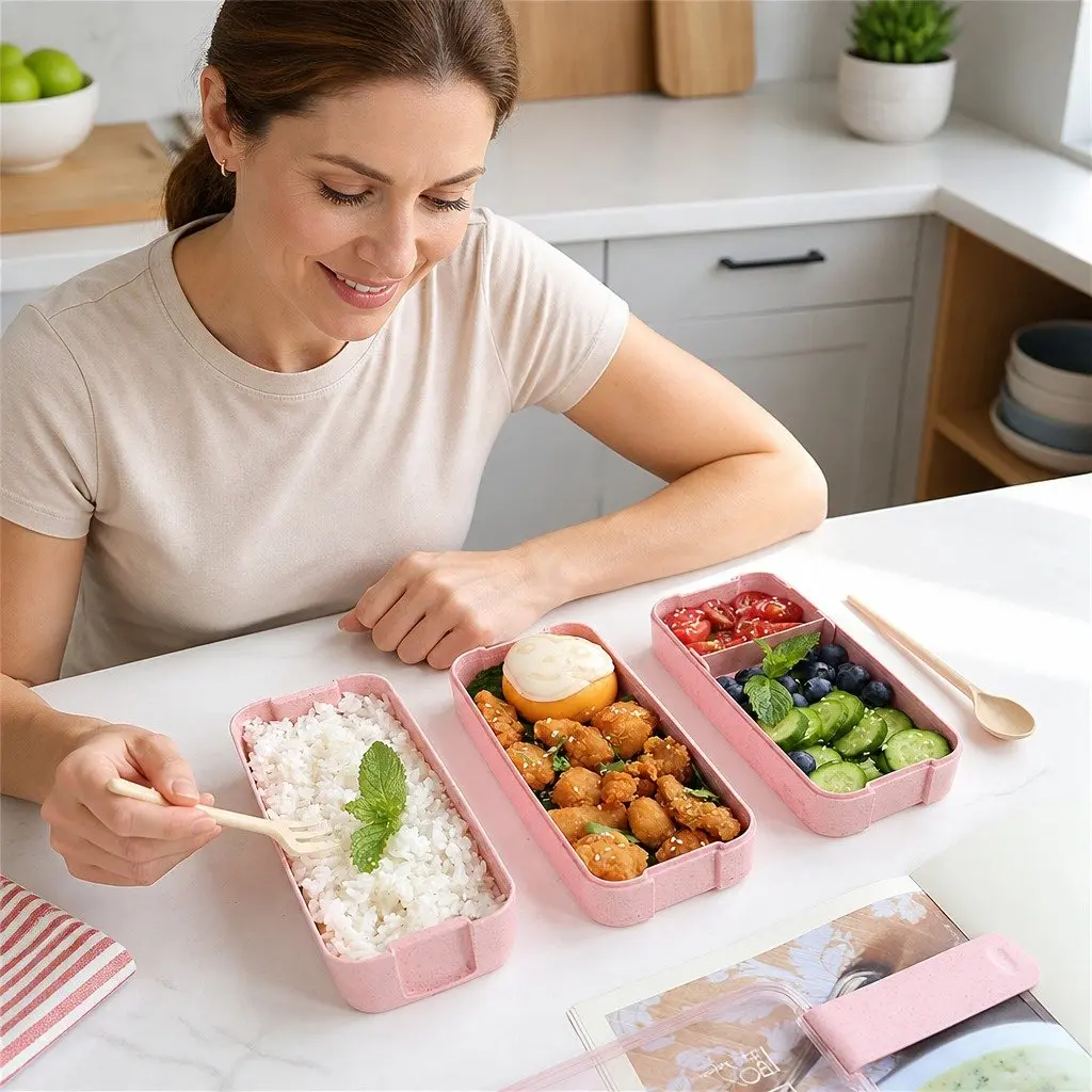 3-Layer Bento Box Lunch Container with Lid Leakproof Food Storage Compartment