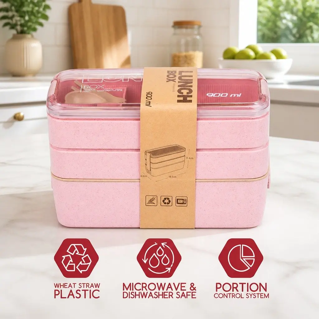 3-Layer Bento Box Lunch Container with Lid Leakproof Food Storage Compartment