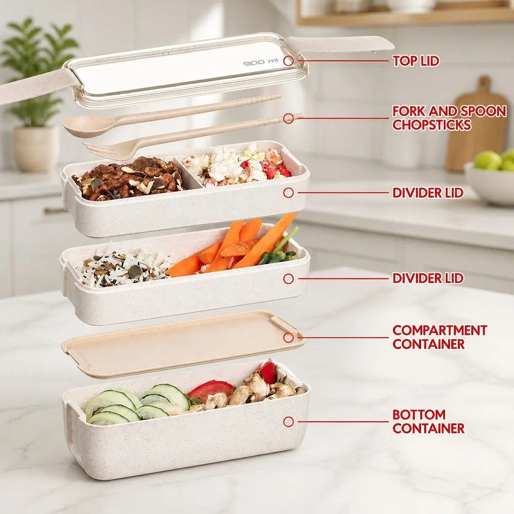3-Layer Bento Box Lunch Container with Lid Leakproof Food Storage Compartment