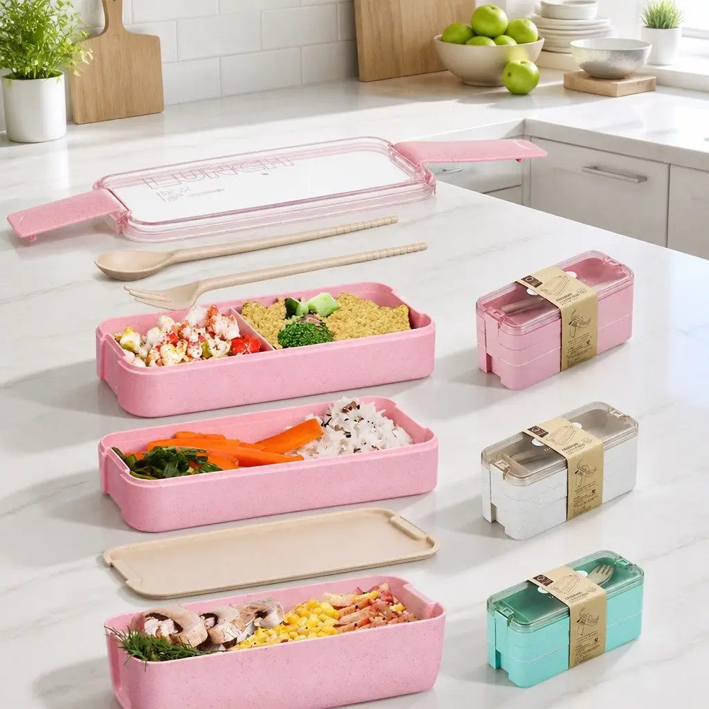 3-Layer Bento Box Lunch Container with Lid Leakproof Food Storage Compartment