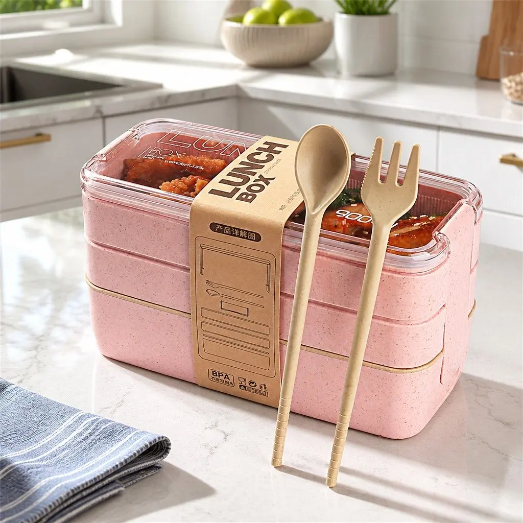 3-Layer Bento Box Lunch Container with Lid Leakproof Food Storage Compartment