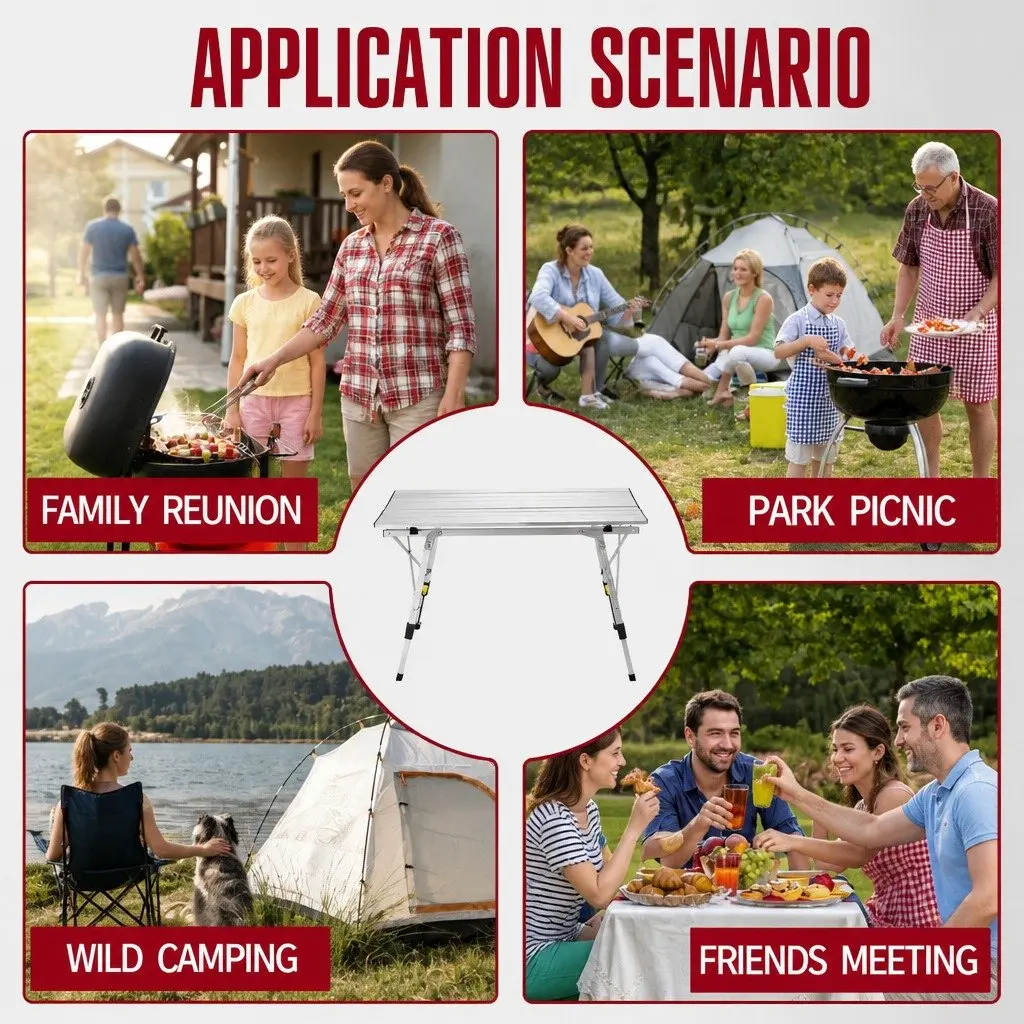 Folding Camping Table Outdoor Portable Adjustable Height 90x53x65cm