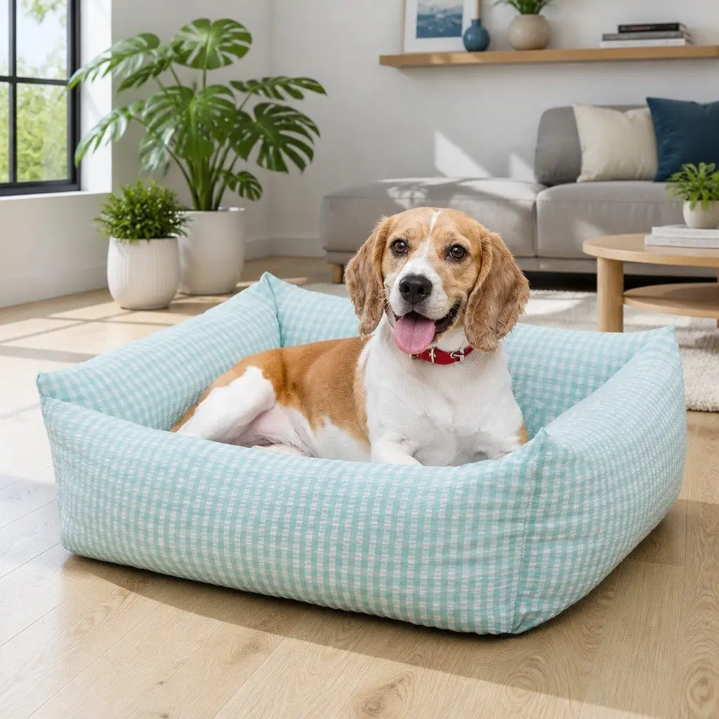 Pet Dogs Cat Bed Square Blue Check Calming Nest Removable Washable Puppy
