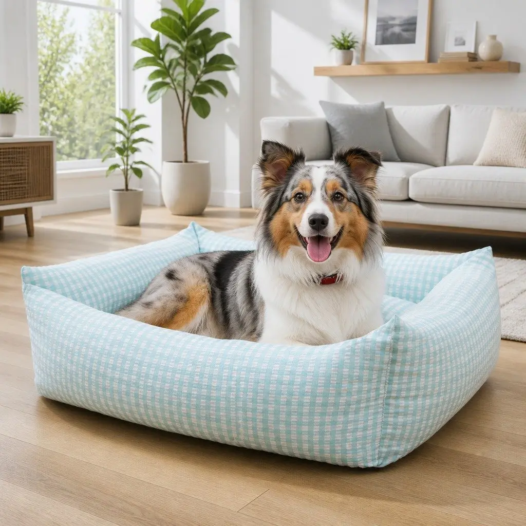 Pet Dogs Cat Bed Square Blue Check Calming Nest Removable Washable Puppy