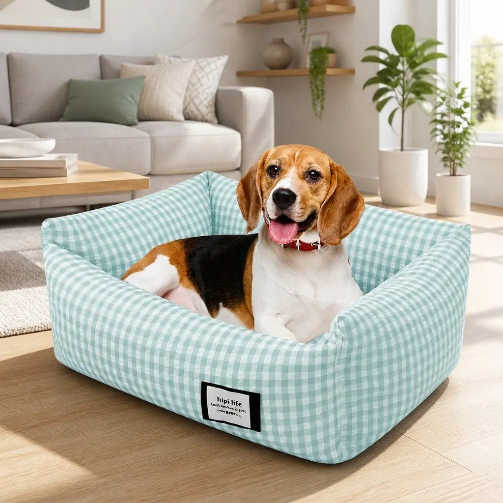 Pet Dogs Cat Bed Square Blue Check Calming Nest Removable Washable Puppy