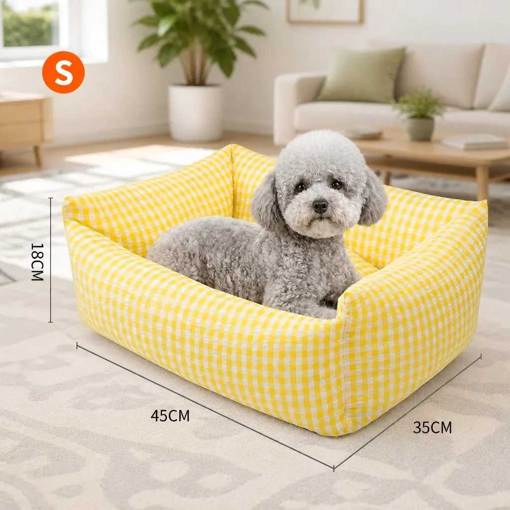 Pet Bed Square Basket Removable Washable Cushion for Dogs Cats Yellow Check