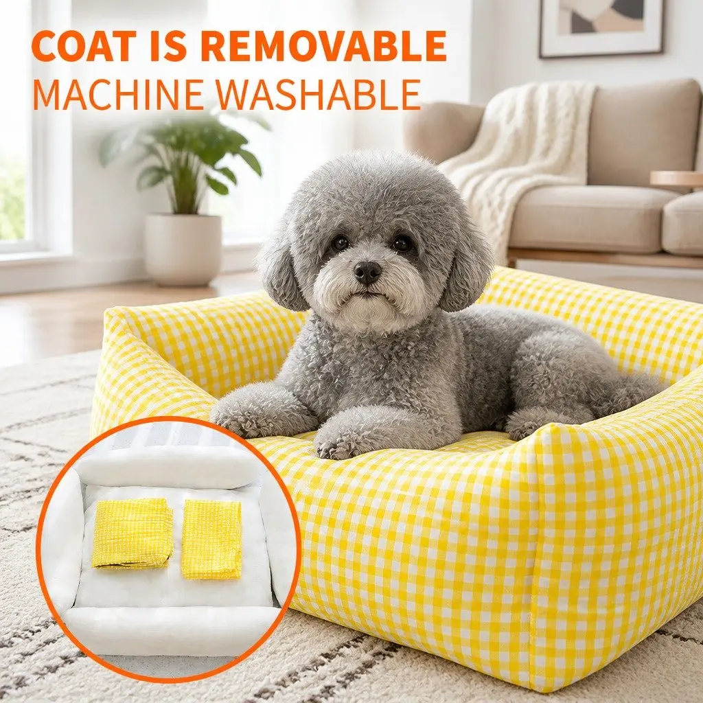 Pet Bed Square Basket Removable Washable Cushion for Dogs Cats Yellow Check