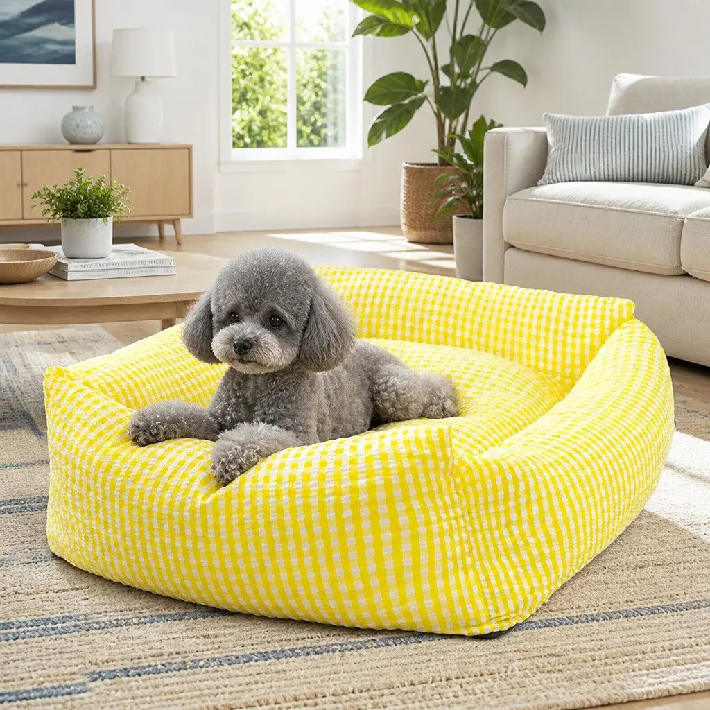 Pet Bed Square Basket Removable Washable Cushion for Dogs Cats Yellow Check