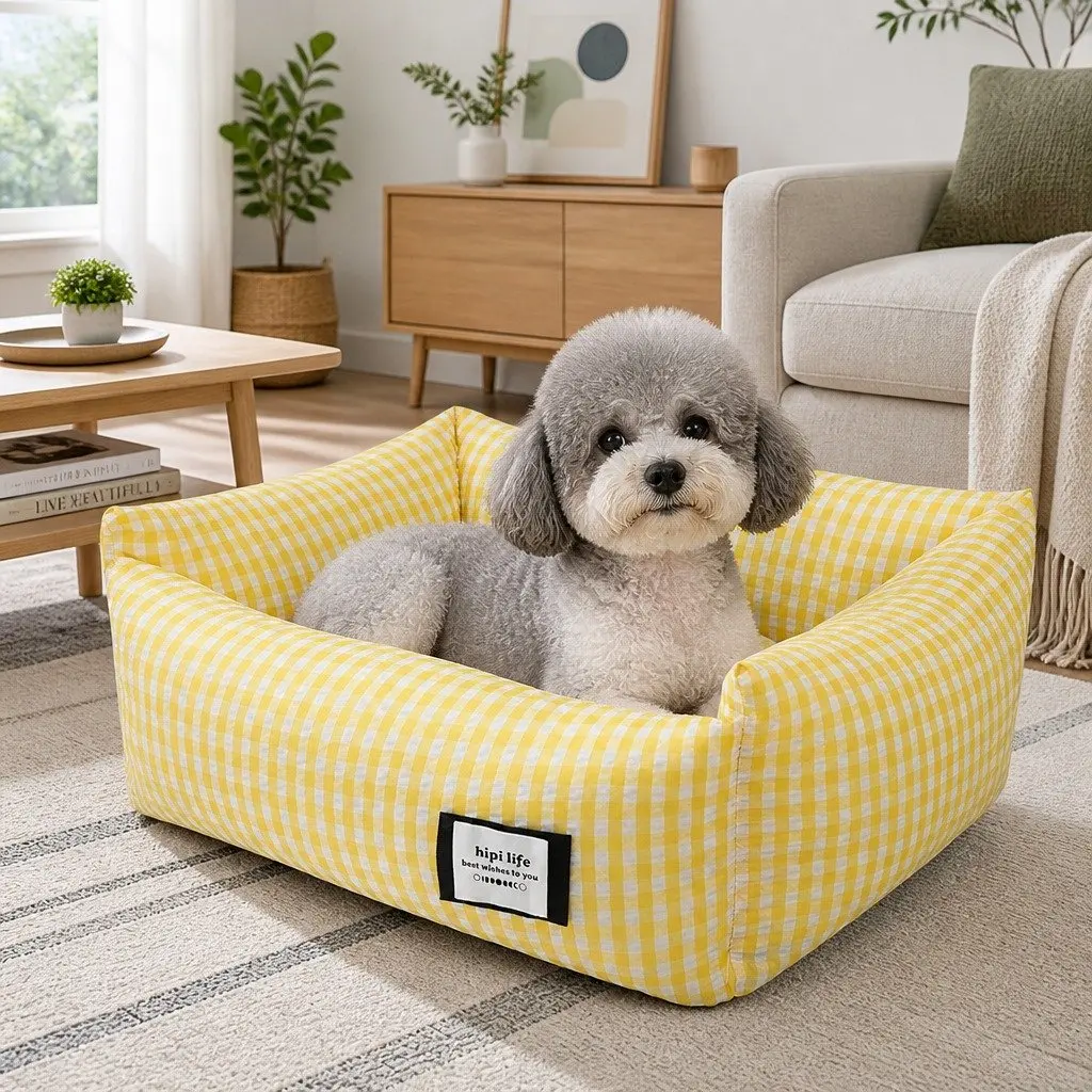 Pet Bed Square Basket Removable Washable Cushion for Dogs Cats Yellow Check