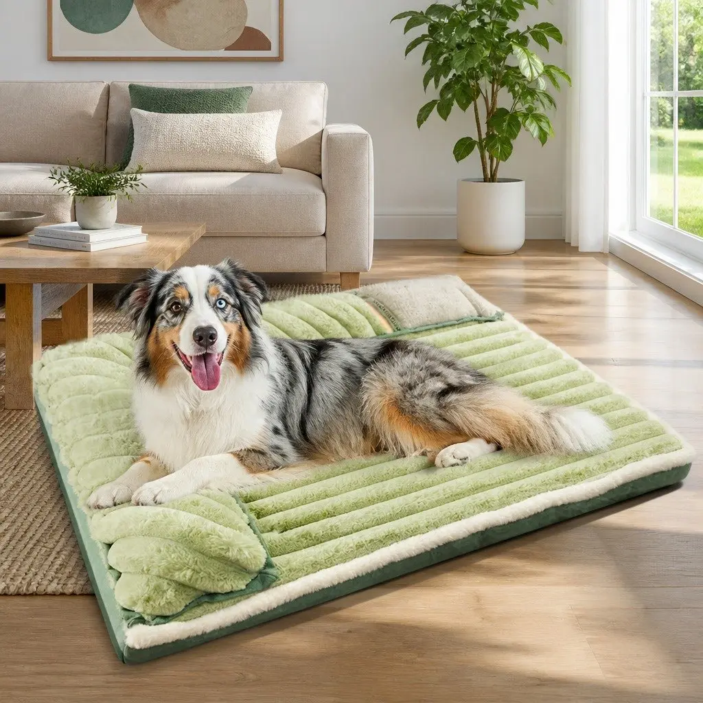 Striped Velvet Dog Bed Reversible Design Green Washable Pet Sleeping Mat Cushion