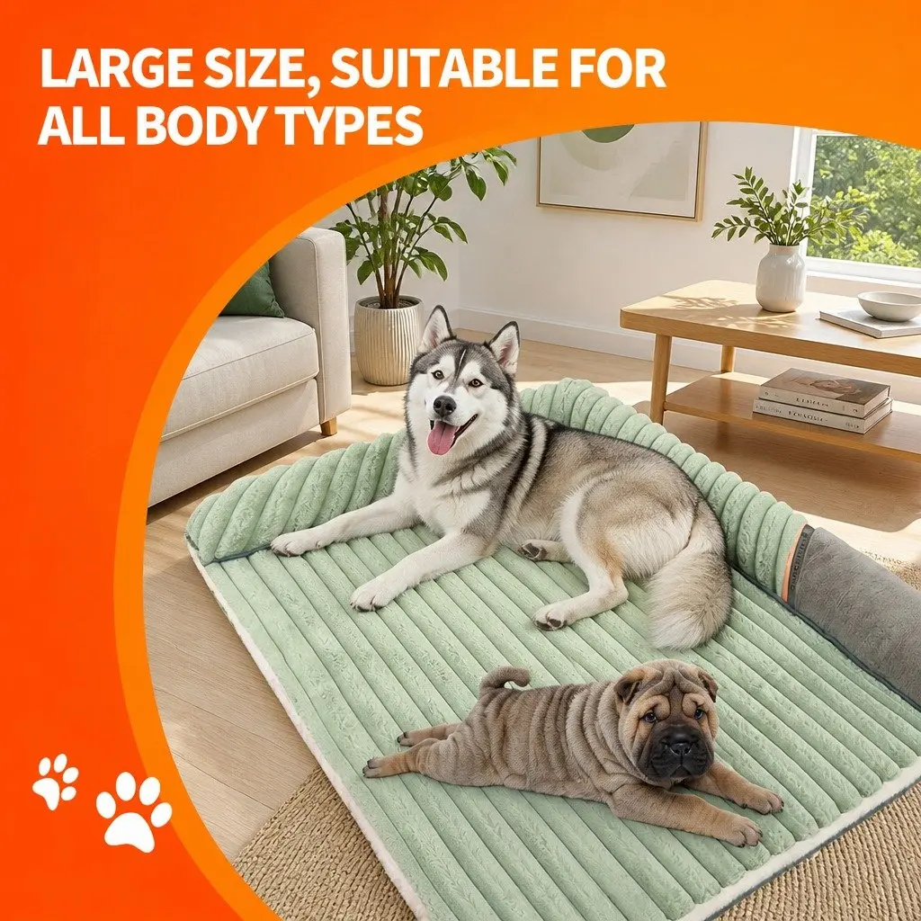 Striped Velvet Dog Bed Reversible Design Green Washable Pet Sleeping Mat Cushion