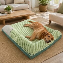 Dog Bed Green Striped Velvet Removable Washable Reversible Pet Cushion Comfort
