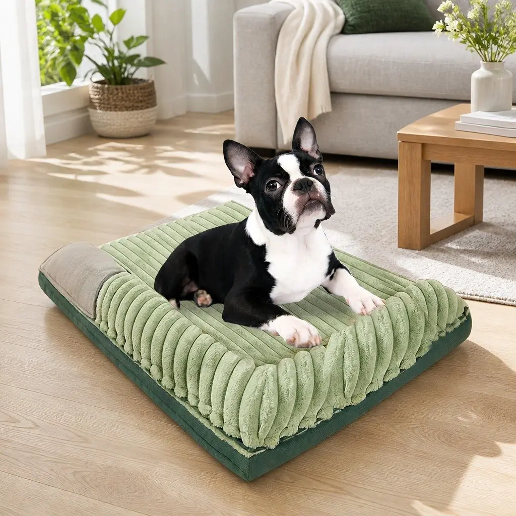 Striped Velvet Dog Bed Detachable Washable Dual-Sided Pet Cushion Mat