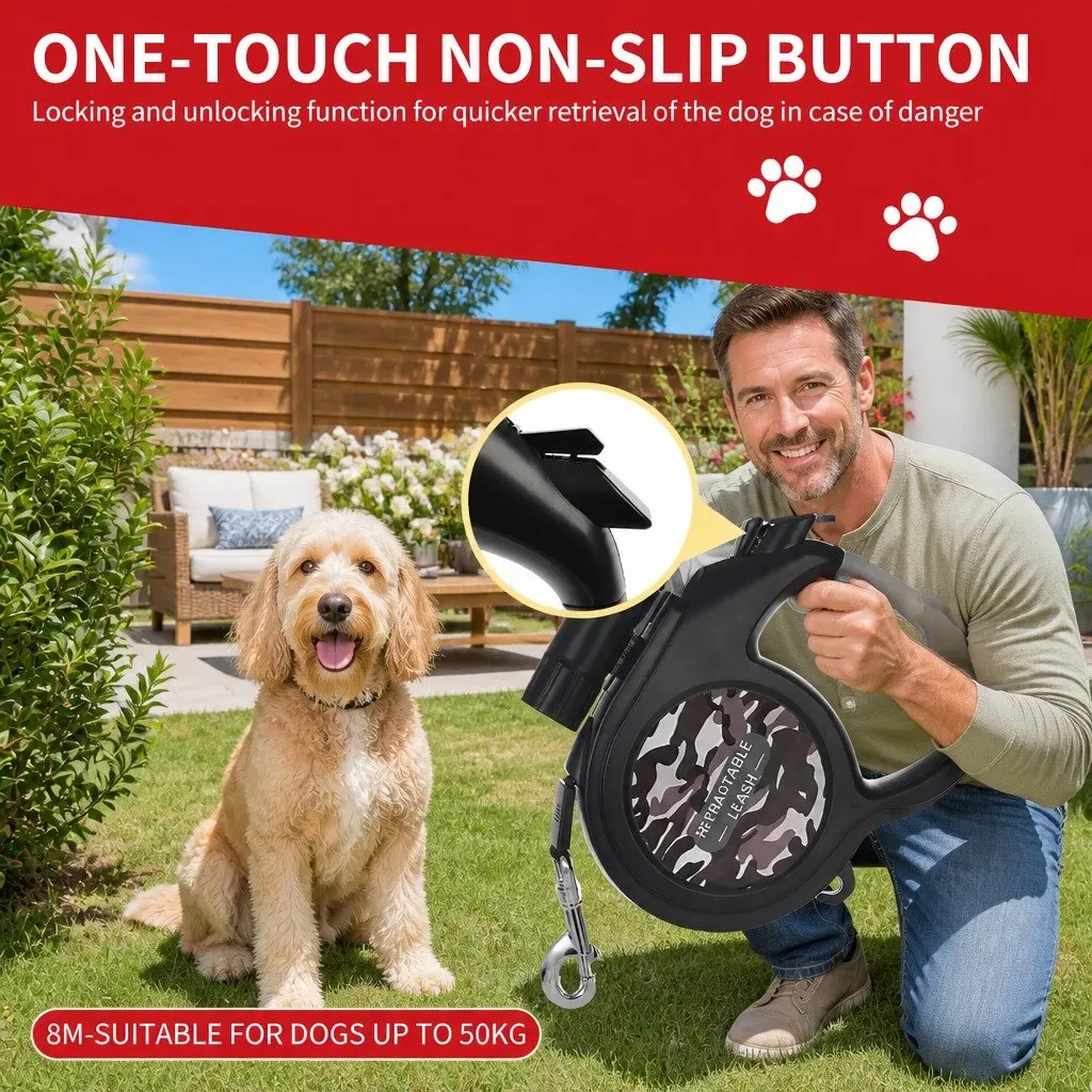 Pet Auto-Retractable Towing Rope Leash 8m with Built-in Flashlight Light Dog