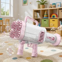 Electric Bubble Machine Hand-Held Gatling Rocket Gun Toy 64 Hole Pink Kids Fun