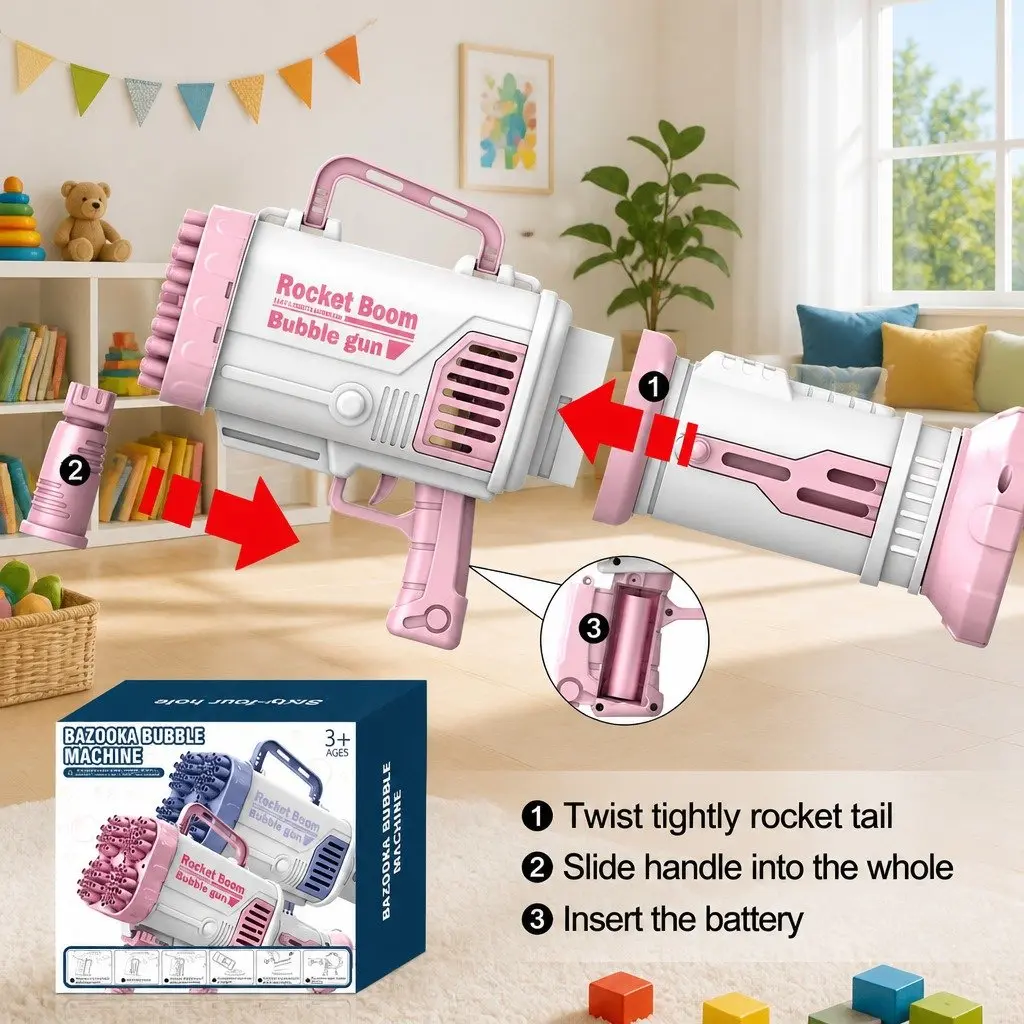 Electric Bubble Machine Hand-Held Gatling Rocket Gun Toy 64 Hole Pink Kids Fun