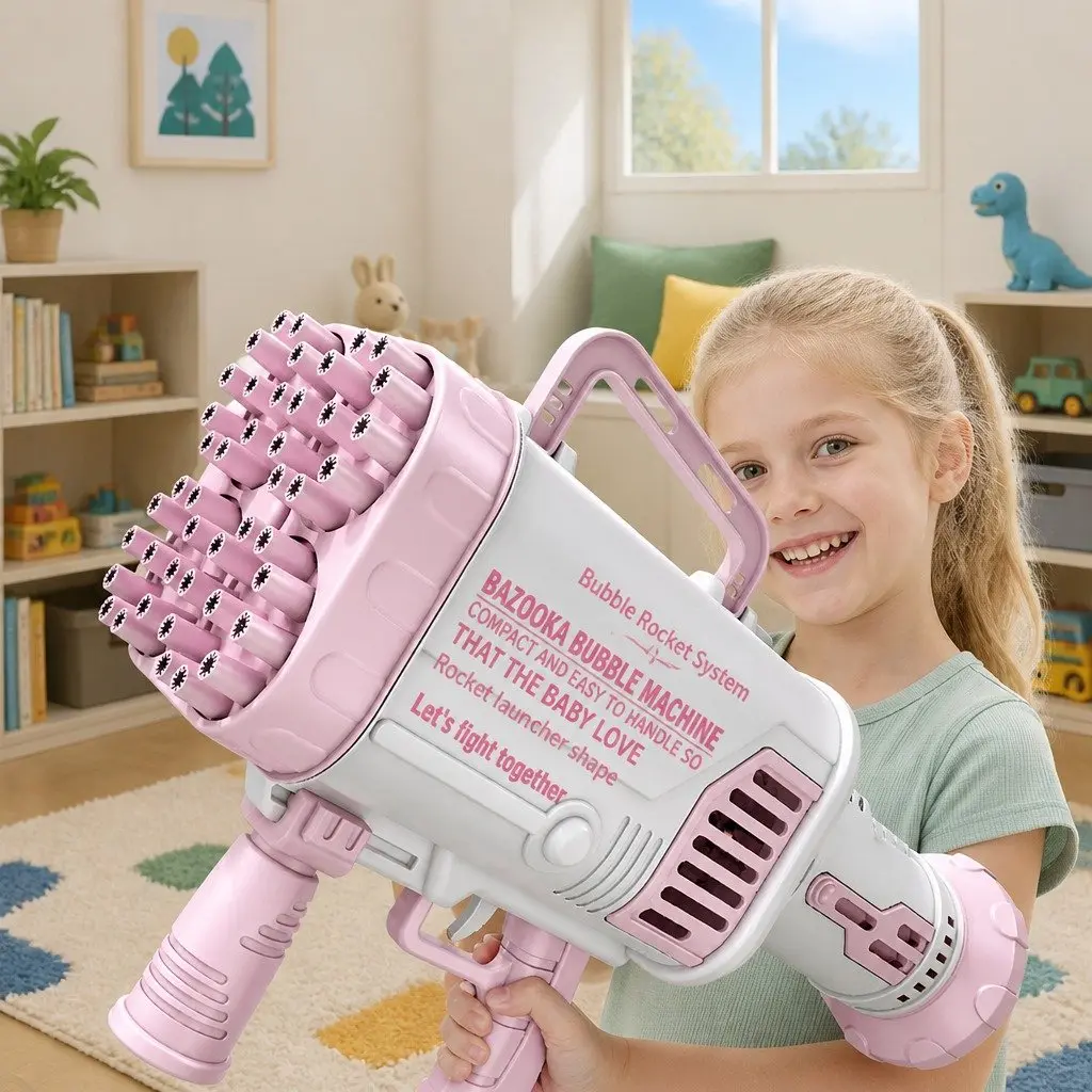 Electric Bubble Machine Hand-Held Gatling Rocket Gun Toy 64 Hole Pink Kids Fun