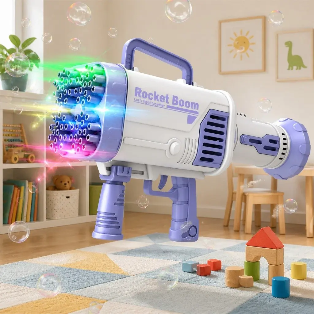 Electric Bubble Machine Hand-Held Gatling Rocket Gun Toy 64 Hole Pink Kids Fun