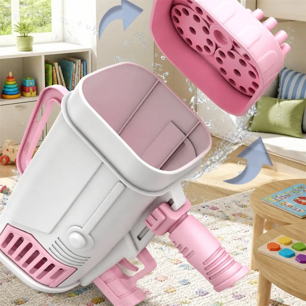 Electric Bubble Machine Hand-Held Gatling Rocket Gun Toy 64 Hole Pink Kids Fun