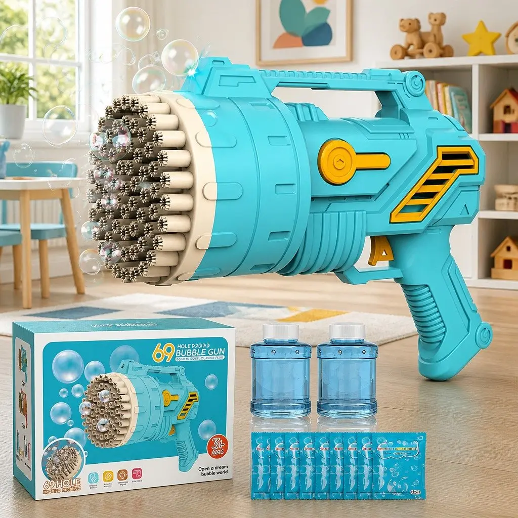 Automatic Bubble Gun Machine Handheld Toy with Light Kids Outdoor Play 69 Holes